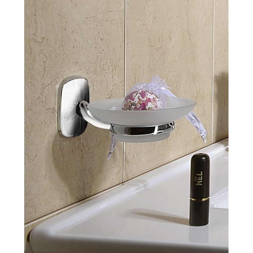 Aqualine - Seinään kiinnitettävä saippuakuppi RUMBA maitomainen lasi/kiiltävä kromi