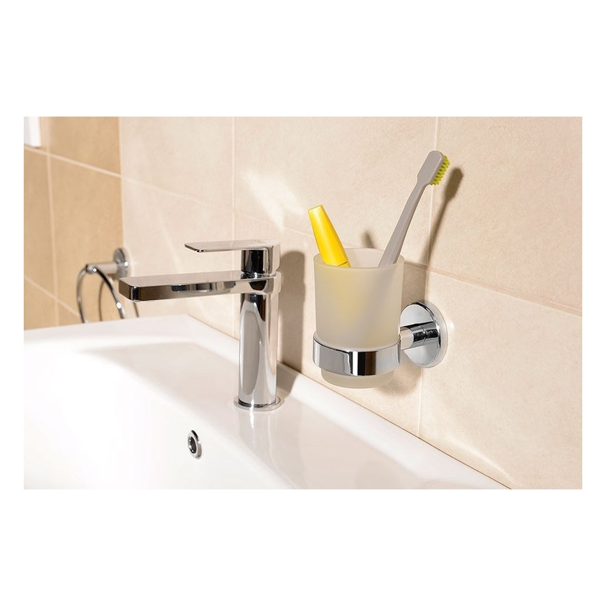 Aqualine - Seinälle kiinnitettävä hammasharjan pidike SAMBA maitomainen lasi/kiiltävä kromi