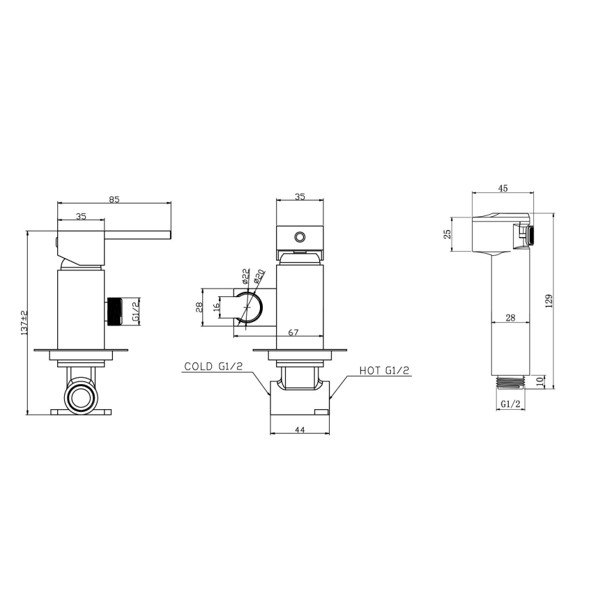 Aqualine - Suihkulla varustettu bideehana piiloasennukseen kiiltävä kromi