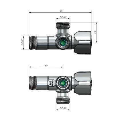 Arco - Kulmaventtiili, yhdistetty kahdella liitännällä A-80, kiiltävä kromi