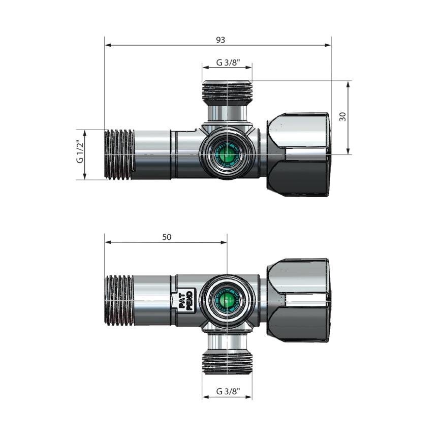 Arco - Kulmaventtiili, yhdistetty kahdella liitännällä A-80, kiiltävä kromi