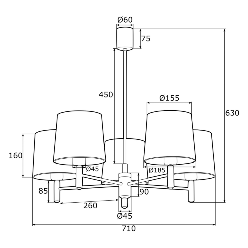 Argon 2085 - Kattokruunu tangossa PONTE 5xE27/15W/230V messinki/sininen