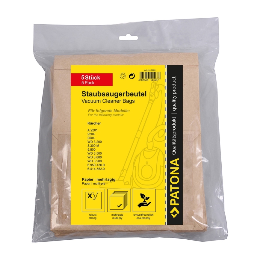 ATONA - pussit pölynimurille KÄRCHER WD3 / A2201 / 2204/2504 / 3.300 / 5.800 paperi - 5 kpl