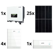 Aurinkopaneelisarja: 25x aurinkopaneeli + 4x akkumoduuli + hybridimuunnin + alusta akun ohjausyksiköllä