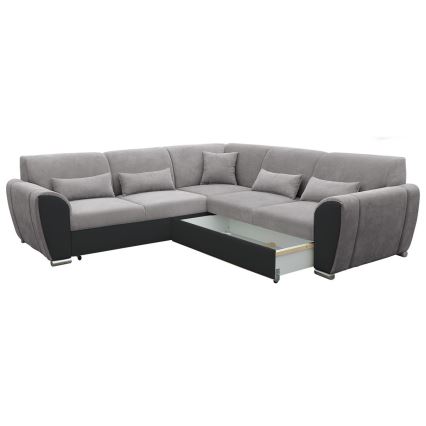 VISEU L-mallinen, vuoteeksi avattava oikeanpuoleinen kulmasohva säilytystilalla — harmaa/musta