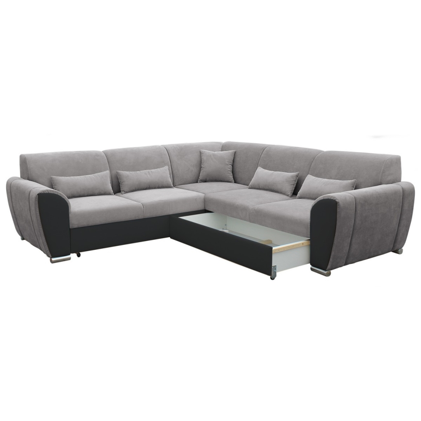 VISEU L-mallinen, vuoteeksi avattava oikeanpuoleinen kulmasohva säilytystilalla — harmaa/musta
