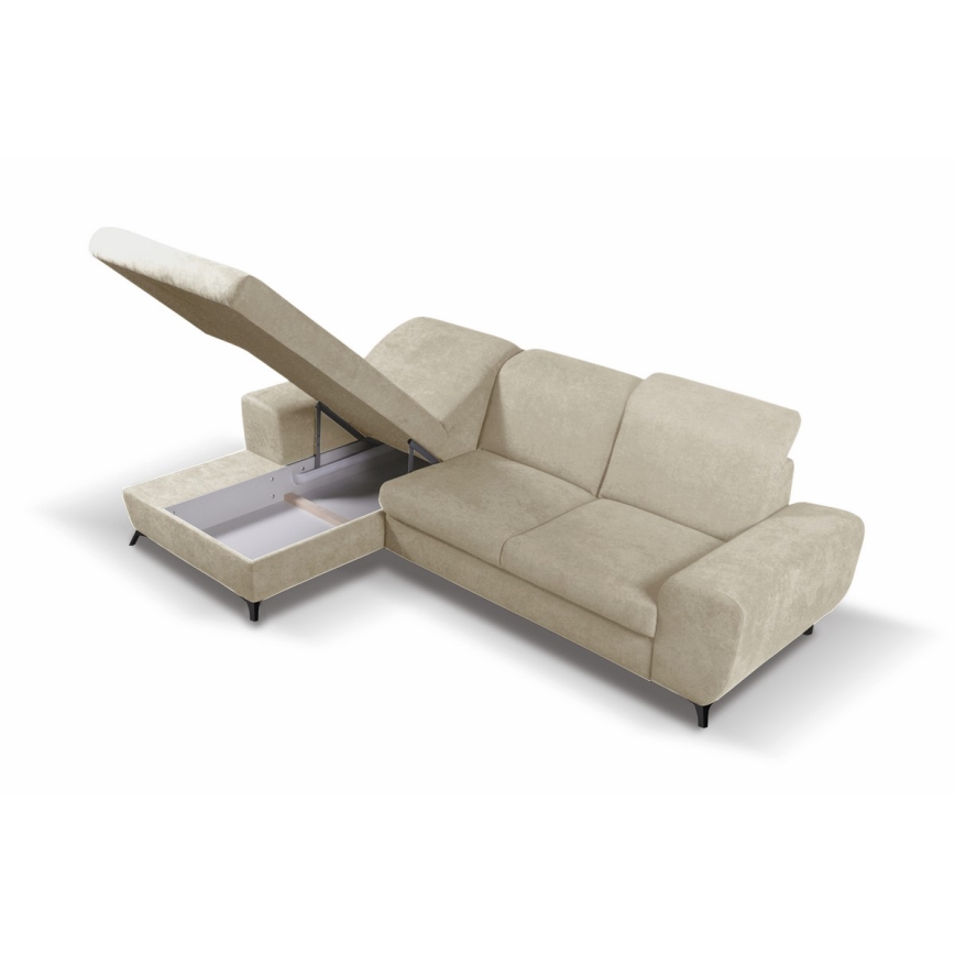 ALTA L-mallinen avattava verhoiltu kulmasohva, vasen, beige, säilytystilalla