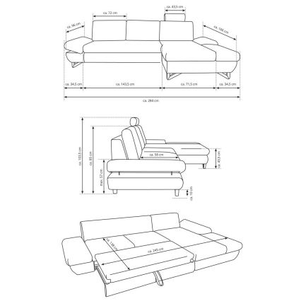 AVESTA L-mallinen vasenkätinen avattava verhoiltu kulmasohva säilytystilalla antrasiitti
