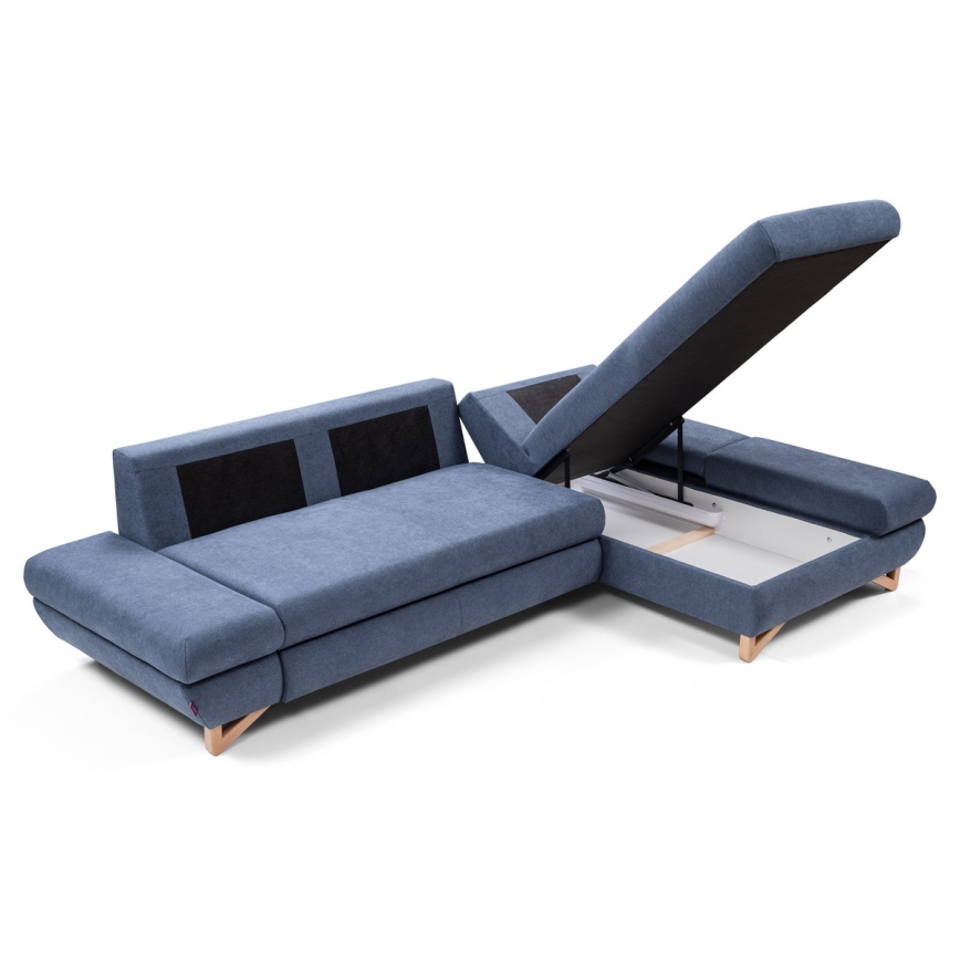 AVESTA L-muotoinen verhoiltu kulmasohva, vuoteeksi avattava, säilytystilalla, oikeanpuoleinen, sininen