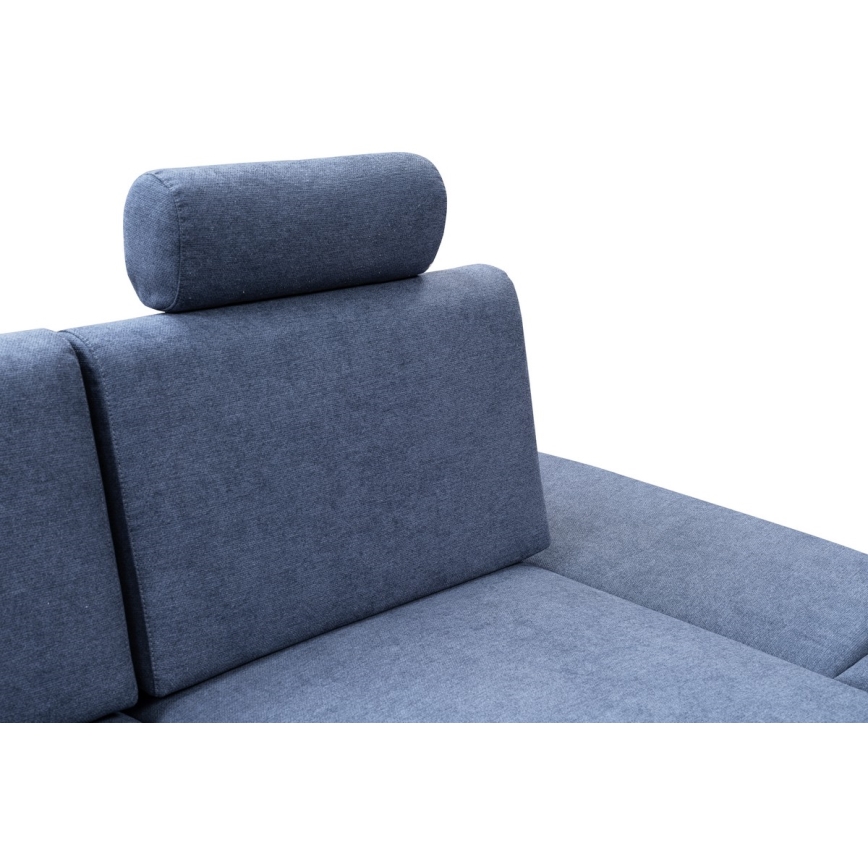 AVESTA L-muotoinen verhoiltu kulmasohva, vuoteeksi avattava, säilytystilalla, oikeanpuoleinen, sininen