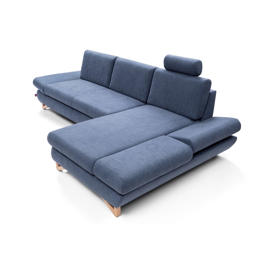 AVESTA L-muotoinen verhoiltu kulmasohva, vuoteeksi avattava, säilytystilalla, oikeanpuoleinen, sininen
