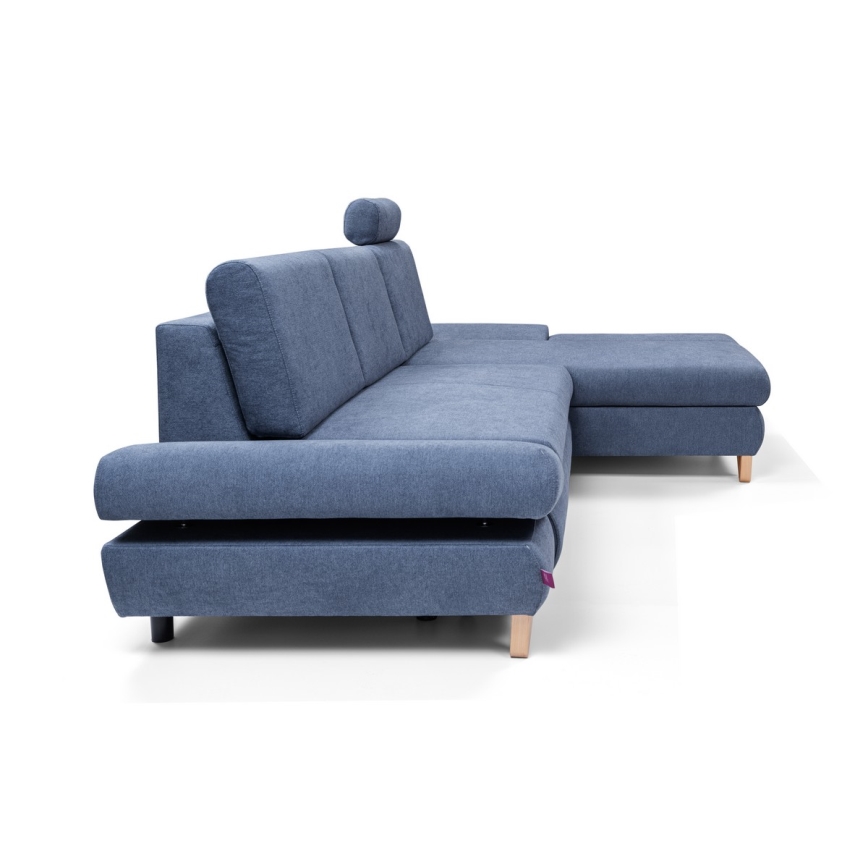 AVESTA L-muotoinen verhoiltu kulmasohva, vuoteeksi avattava, säilytystilalla, oikeanpuoleinen, sininen