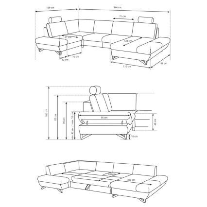 U-muotoinen avattava verhoiltu kulmasohva AVESTA, säilytystilalla, sininen