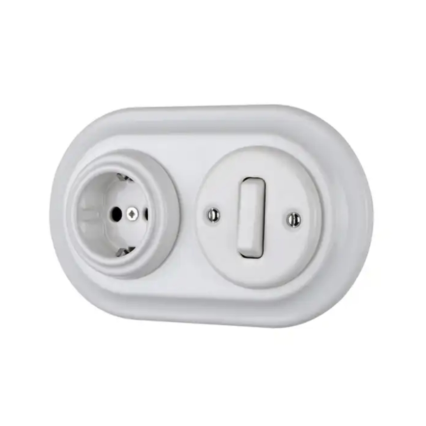 Bohemia-Design - Posliininen retro-pistorasia kotikäyttöön, ilman kehystä, 250 V/16 A, valkoinen