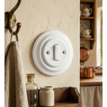 Bohemia-Design - posliininen retrotyylinen yhden napin valokytkin, kehys nro 6, valkoinen