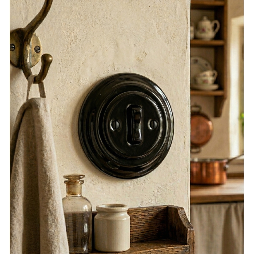 Bohemia-Design - posliininen retrotyylinen yksiosainen ovikellopainike kehyksellä, musta