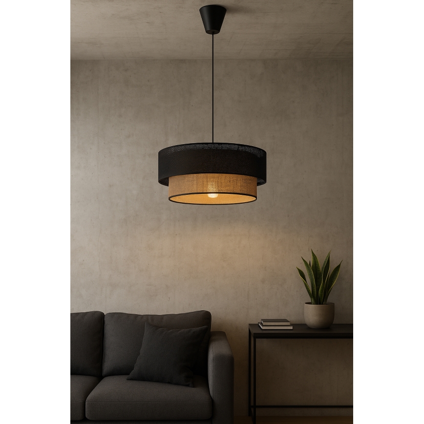 BORHO-riippuvalaisin johdolla 1xE27/60W/230V, halkaisija 40 cm, musta/juutti