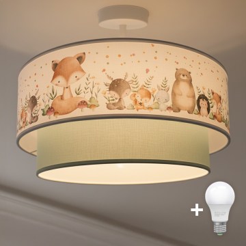 Brilagi - BOBO LED-lastenkattovalaisin, pinta-asennettava, 1xE27/60W/230V, halkaisija 40 cm, valkoinen/vihreä/eläinaiheinen