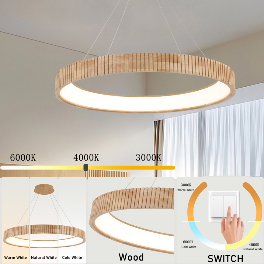 Brilagi - LED-riippuvalaisin vaijerilla FALCON WOOD MODERN LED/60W/230V 3000/4000/6000K Ø 80 cm puinen