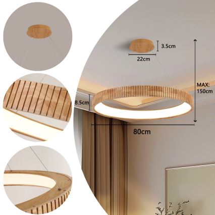 Brilagi - LED-riippuvalaisin vaijerilla FALCON WOOD MODERN LED/60W/230V 3000/4000/6000K Ø 80 cm puinen