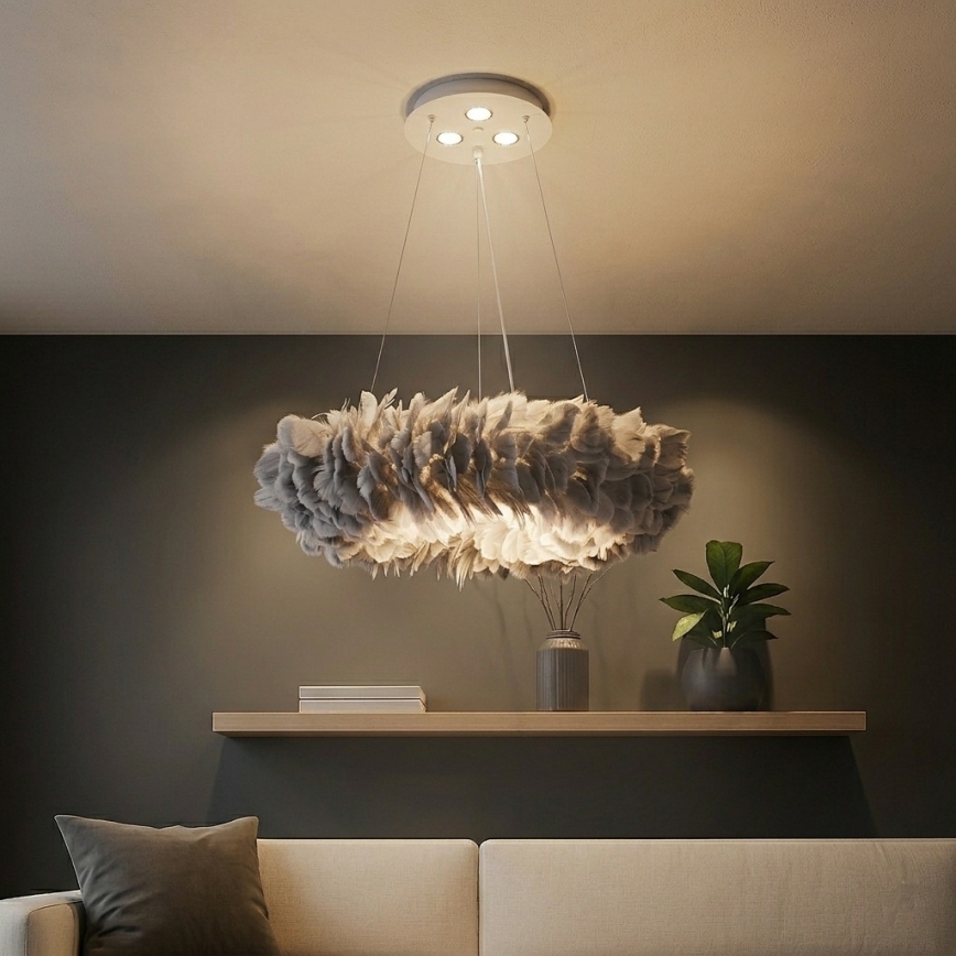 BRILAGI - FEATHER LED-riippuvalaisin vaijerilla, 3 x E27 (maks. 40 W, 230 V) + 3 x LED (3 W), Ø 50 cm, harmaa