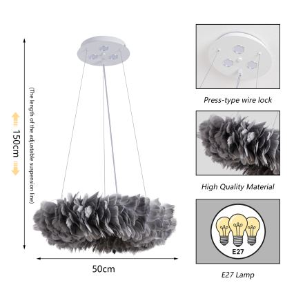 BRILAGI - FEATHER LED-riippuvalaisin vaijerilla, 3 x E27 (maks. 40 W, 230 V) + 3 x LED (3 W), Ø 50 cm, harmaa