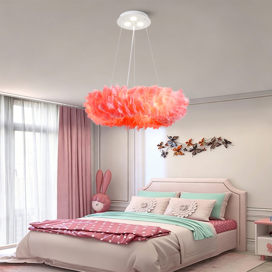 BRILAGI - FEATHER LED-riippuvalaisin vaijerilla, 3 x E27 (max 40 W, 230 V) + 3 x LED 3 W, halkaisija 50 cm, vaaleanpunainen