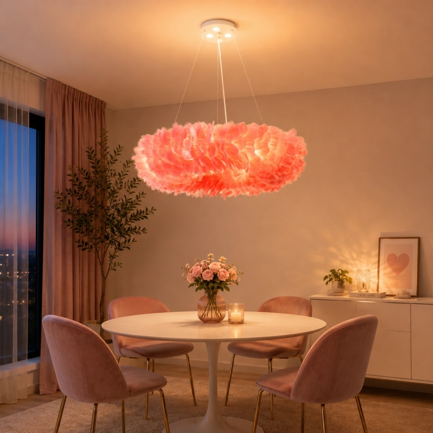 BRILAGI - FEATHER LED-riippuvalaisin vaijerilla, 3 x E27 (max 40 W, 230 V) + 3 x LED 3 W, halkaisija 50 cm, vaaleanpunainen