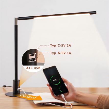 Brilagi - LED-himmennettävä kosketustoiminnolla varustettu pöytälamppu USB-porteilla VARIO LED/7W/230V 3000-6500K CRI 96 musta