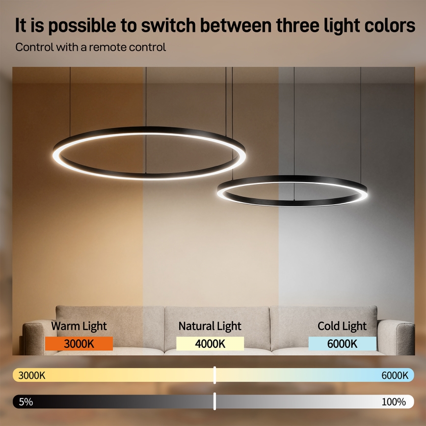 Brilagi - Himennettävä LED-riippuvalaisin kaapelilla PORTOFINO LED/98W/230V 3000-6000K musta + kaukosäädin