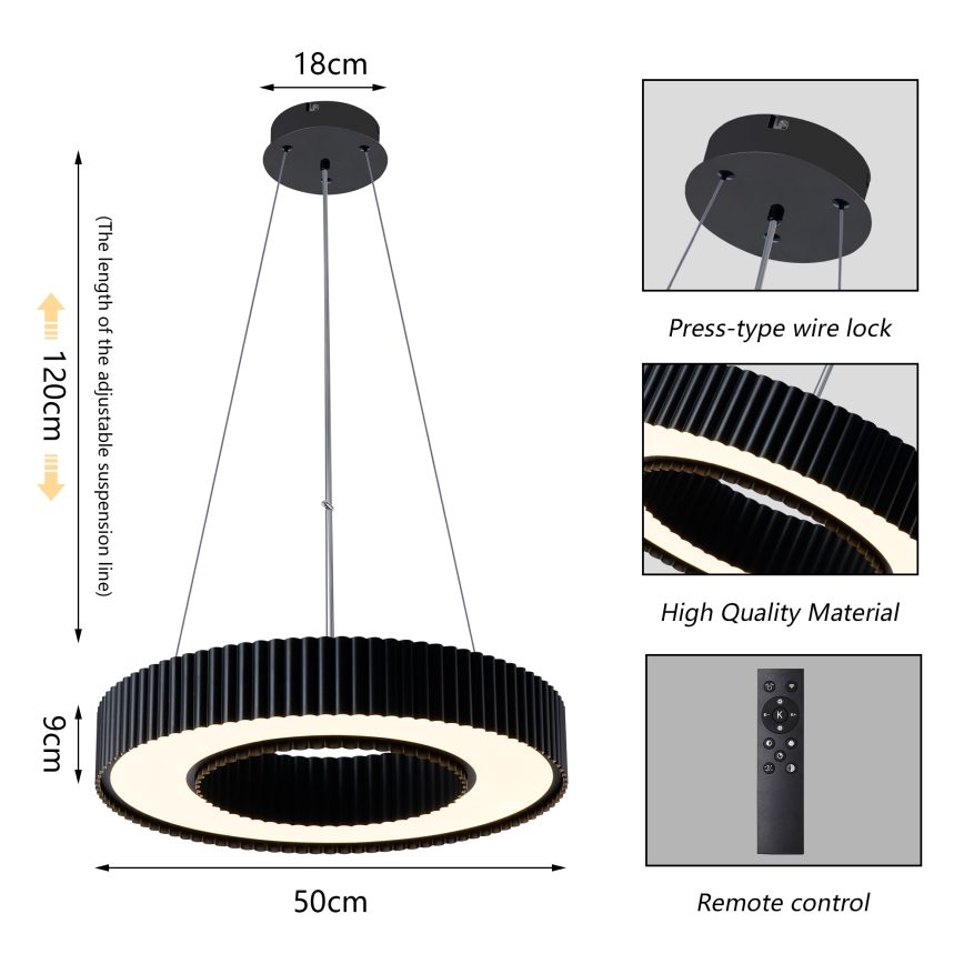 Brilagi - LUMIX LED himmennettävä riippuvalaisin vaijerilla LED/48W/230V 3000-6000K musta halkaisija 50 cm + kaukosäädin