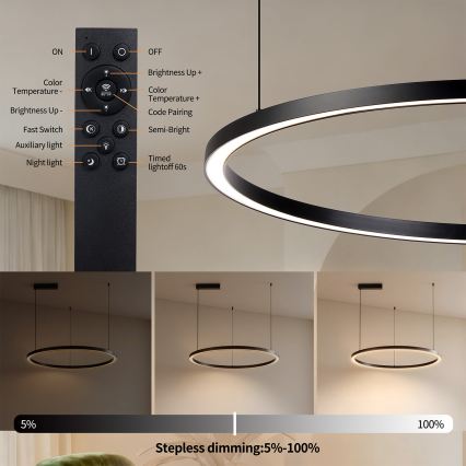 Brilagi - himmennettävä LED-riippuvalaisin vaijerilla PORTOFINO LED/60W/230V 3000–6000K Ø 80 cm musta + kaukosäädin