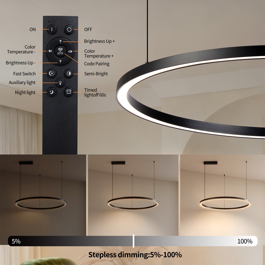 Brilagi - himmennettävä LED-riippuvalaisin vaijerilla PORTOFINO LED/60W/230V 3000–6000K Ø 80 cm musta + kaukosäädin