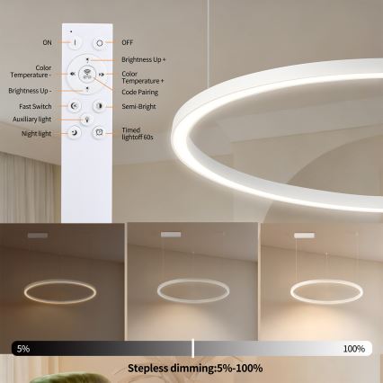 Brilagi - Himennettävä LED-riippuvalaisin vaijerilla PORTOFINO LED/60W/230V 3000-6000K Ø 80 cm valkoinen + kaukosäädin
