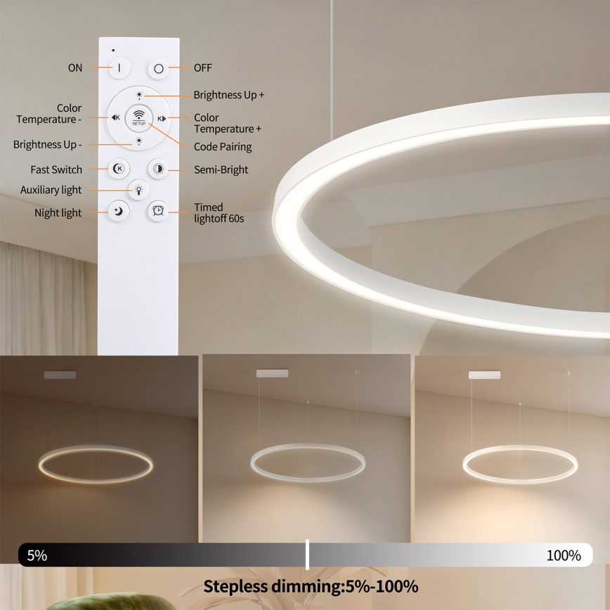 Brilagi - Himennettävä LED-riippuvalaisin vaijerilla PORTOFINO LED/60W/230V 3000-6000K Ø 80 cm valkoinen + kaukosäädin