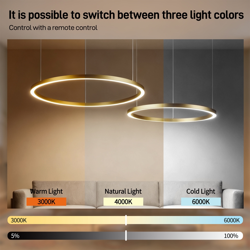 Brilagi - himmennettävä LED-riippuvalaisin vaijerilla PORTOFINO LED/98W/230V 3000-6000K kultainen + kaukosäädin