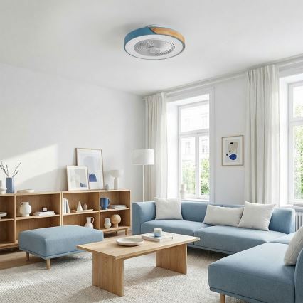 Brilagi - LED-himmennettävä kattovalaisin tuulettimella LED/38W/230V 3000-6500K 3000-6500K halkaisija 50 cm sininen/tammi + kaukosäädin