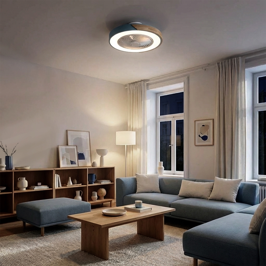 Brilagi - LED-himmennettävä kattovalaisin tuulettimella LED/38W/230V 3000-6500K 3000-6500K halkaisija 50 cm sininen/tammi + kaukosäädin