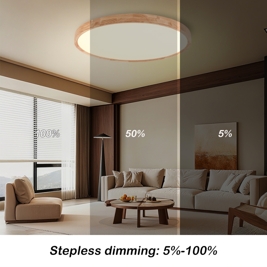 Brilagi - himmennettävä WOODROUND LED/70W/230V 3000–6000K halkaisija 80 cm puu CRI 90 + kaukosäädin