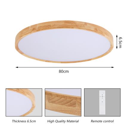 Brilagi - himmennettävä WOODROUND LED/70W/230V 3000–6000K halkaisija 80 cm puu CRI 90 + kaukosäädin