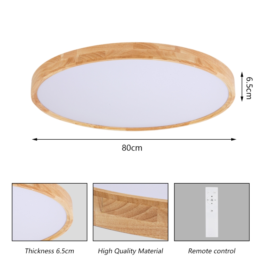 Brilagi - himmennettävä WOODROUND LED/70W/230V 3000–6000K halkaisija 80 cm puu CRI 90 + kaukosäädin