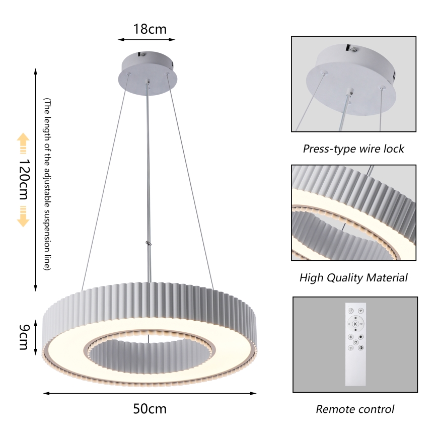 Brilagi - LED himmennettävä riippuvalaisin vaijerilla LUMIX LED/48W/230V 3000-6000K valkoinen halkaisija 50 cm + kaukosäädin