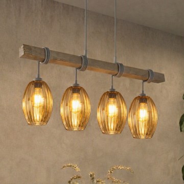BRILAGI - Kaapelikiinnitteinen riippuvalaisin WOOD GLASS 4xE27/60W/230V mänty/harmaa/savunruskea