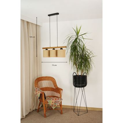 Brilagi - Kattokruunu johdossa FOREST 3xE27/15W/230V mänty/ruskea/musta