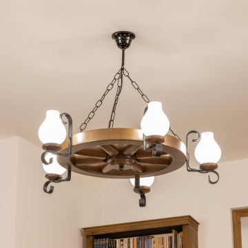 Brilagi - Ketjulla roikkuva kattokruunu ROATA 5xE14/40W/230V, halkaisija 70 cm pyökki/pähkinä