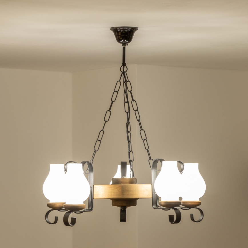 Brilagi - Ketjulla roikkuva kattokruunu ROATA 5xE14/40W/230V Ø 50 cm pyökki
