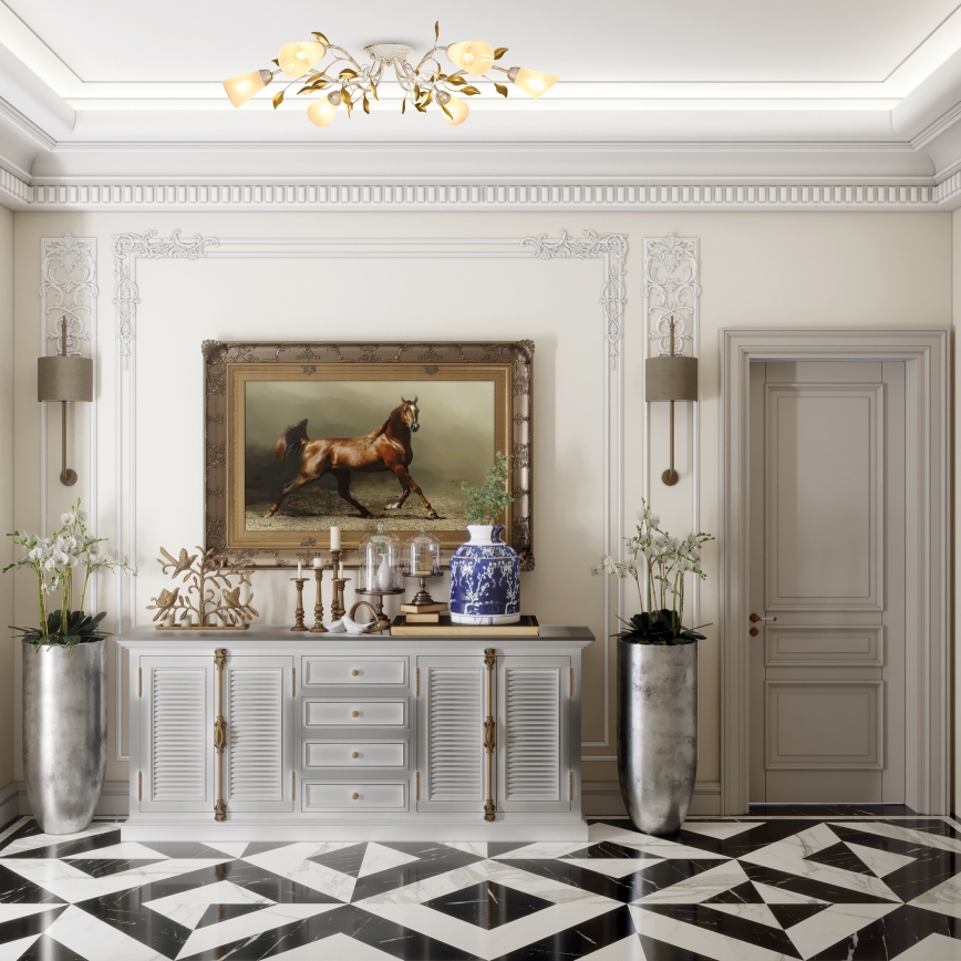 Brilagi - Kiinteä kattokruunu FLORA 6xE14/60W/230V kulta/kerma/patina