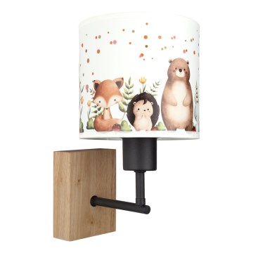 Brilagi - Lasten seinävalaisin BOBO WOOD 1xE27/25W/230V tammi/musta/valkoinen/eläinaihe