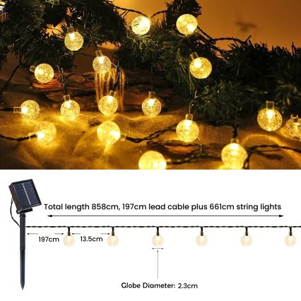 Brilagi - LED-aurinkokäyttöinen BUBBLE-koristevaloketju 200xLED/8 toimintoa 20m IP65 lämmin valkoinen 800 mAh