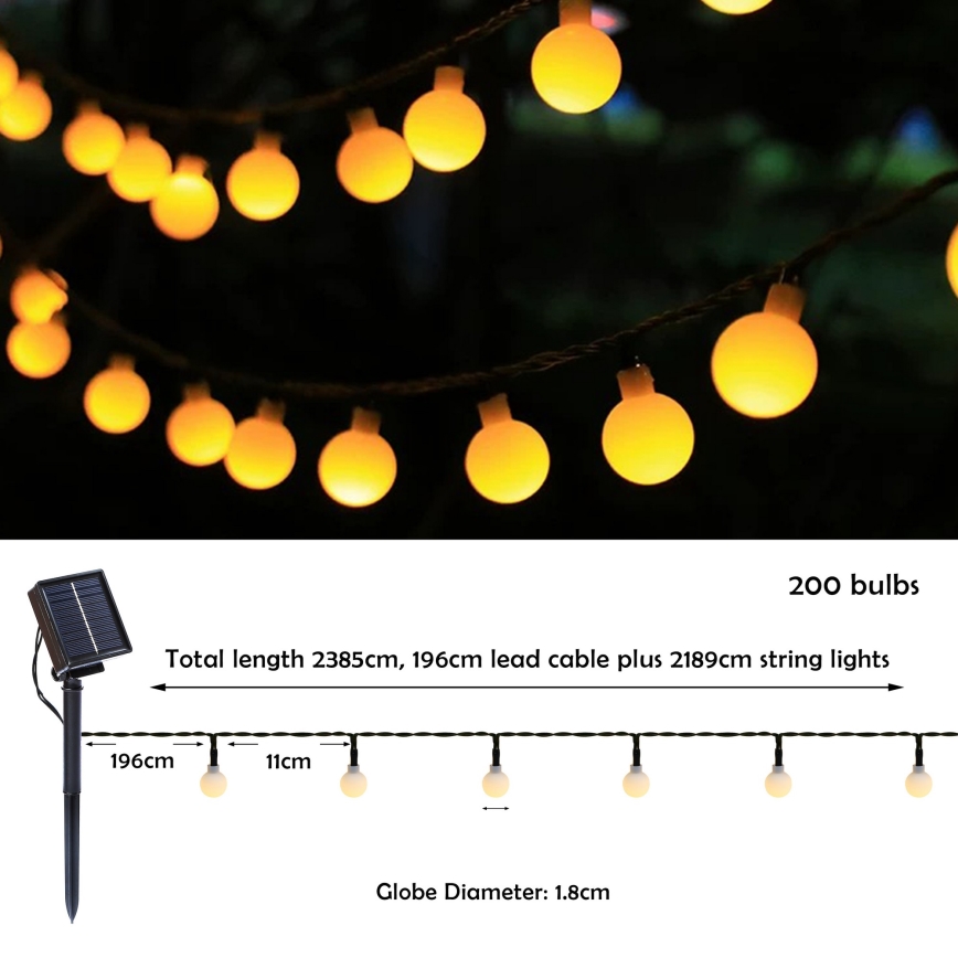BRILAGI - LED-aurinkokäyttöinen koristevalosarja BUBBLE 200xLED/8 toimintoa 20m IP65 lämmin valkoinen 800 mAh